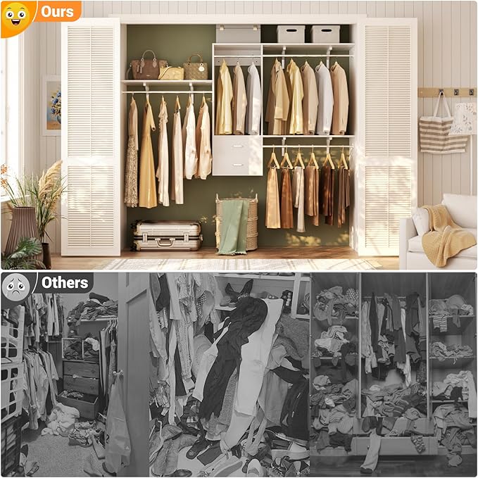 96" Closet System with 2 Wooden Drawers, 4-8ft Walk-in Closet Organizer System with 4 Hanging Rods,for Bedroom,Living Room,Garment Rack,White