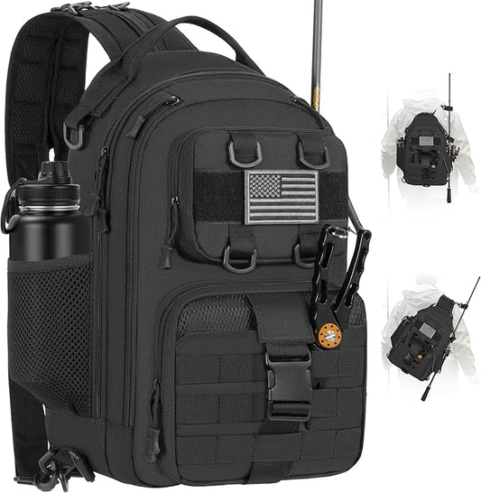 GMAK Fishing Backpack Tackle Sling Bag, Large Tactical Fishing Tackle Backpack with Rod & Gear Holder, Lightweight Outdoor Water-Resistant Tackle Gear Pack Shoulder Bags for Men Women, Black