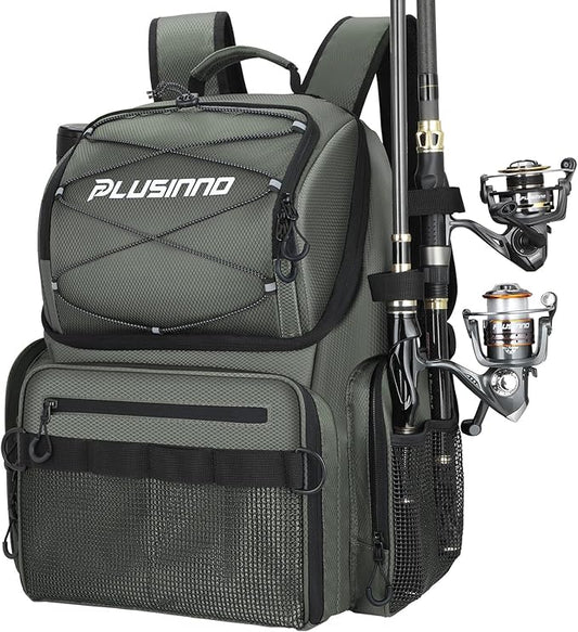 PLUSINNO Cooler Fishing Backpack with Rod Holders 45L Large Water-resistant Fishing Tackle bag Store Fishing Gear Fishing Gifts for Men Father