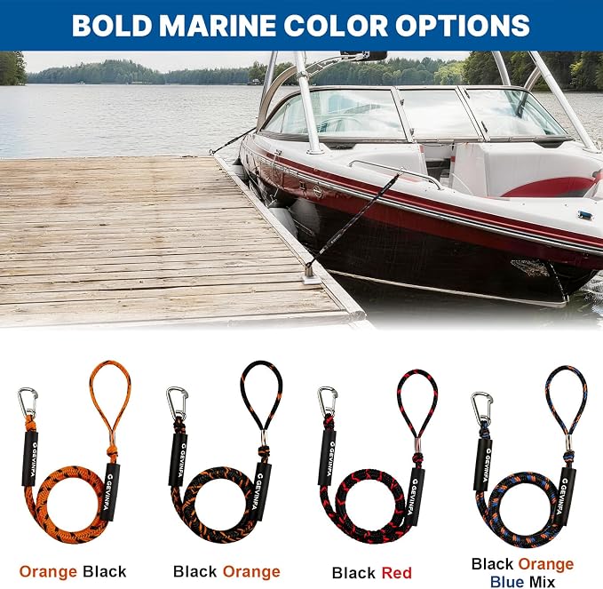 Bungee Dock Lines for Boats 4.3 Ft Stretch to 5.6 Ft, 2 Pack Marine Grade Bungee Cords with 316 SS Clips and EVA Floating Sleeve for Jet Ski Kayak Pontoon Boat Accessories (Black+Orange+Blue)
