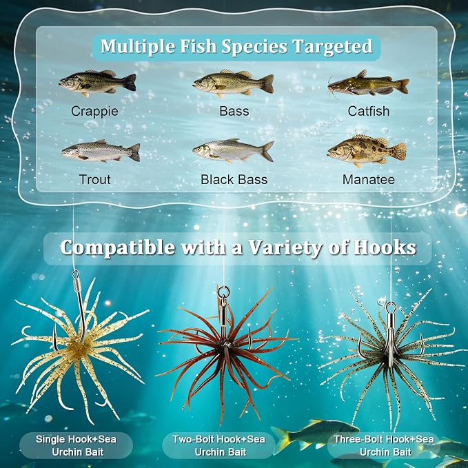 6 Pcs Fuzzy Dice Fishing Lure, Dice Baits for Bass Fishing Soft Tentacle Creature Lure with Reflective Glitter Sea Urchin Bait for Multiple Rigs, Slow Sinking, Freshwater/Saltwater