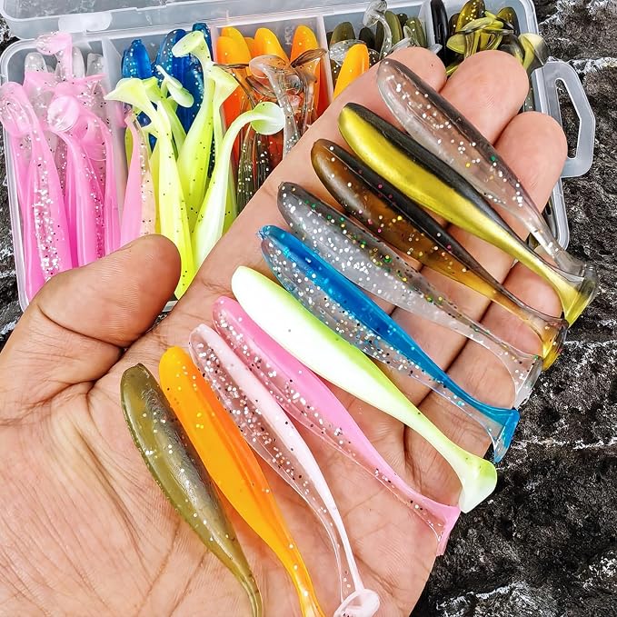 Soft Fishing Lures Kit Paddle Tail Swimbaits Plastic Worms Set Mixed Color Minnow Jerkbait Bass Lure Baitsfor Trout,Walleye,Crappie