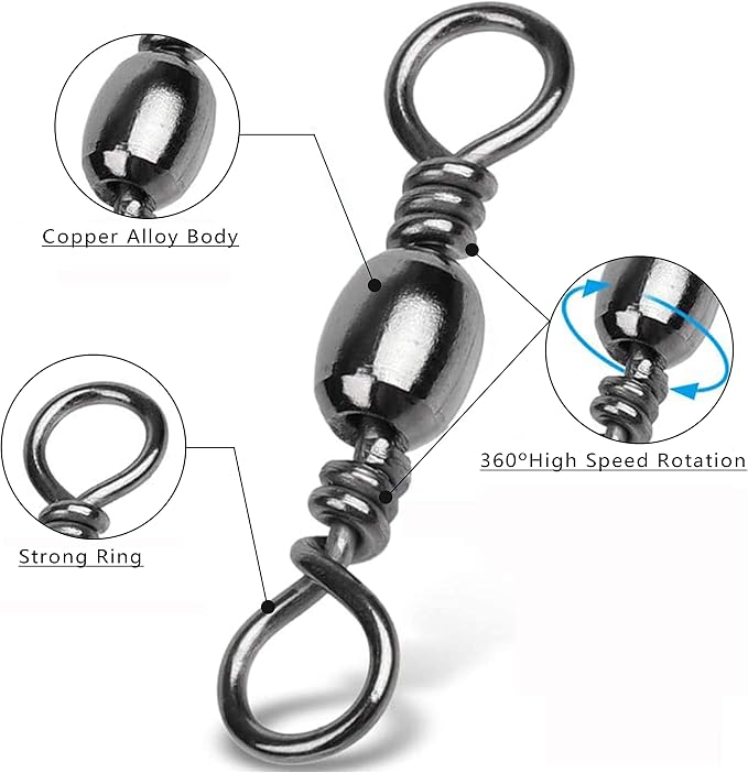 Barrel Swivels Fishing Tackle Kit, 300pcs Crane Ball Bearing Fishing Swivel with Solid Ring Black Stainless Steel Fishing line Hook Connector Fishing Gear Accessories for Saltwater Freshwater