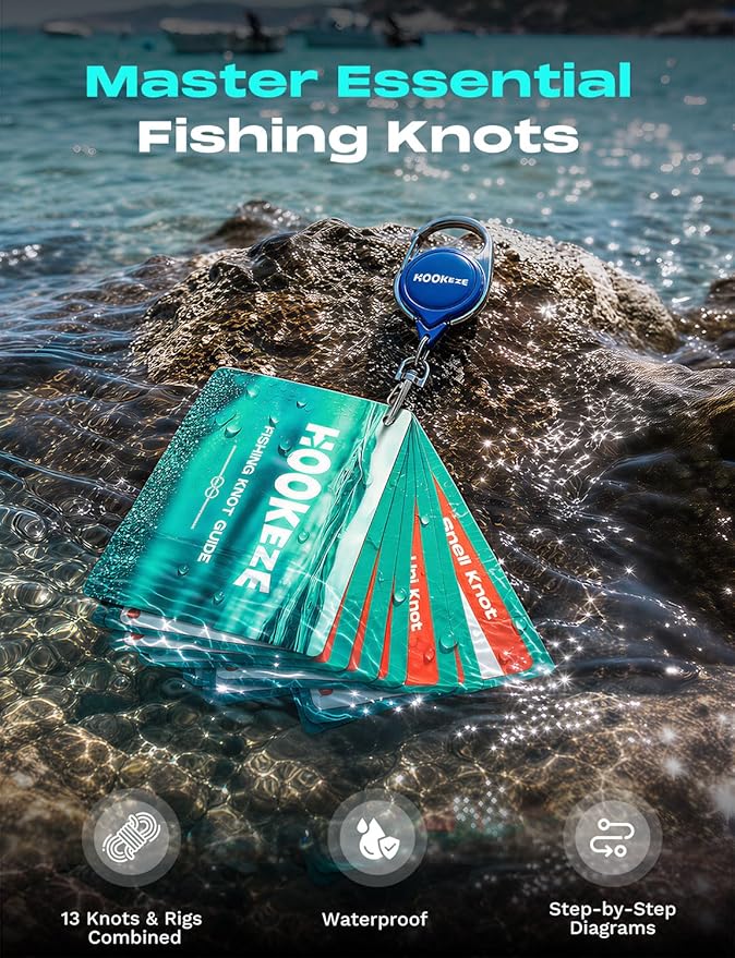HOOK-EZE Complete Fishing Knot Tying Guide Kit|Includes Waterproof Guide to 13 Essential Knots, Knot Tying Tool, Practice Hook & Lines, Zinger Retractor|Fly Fishing Gifts & Stocking Stuffers for Men