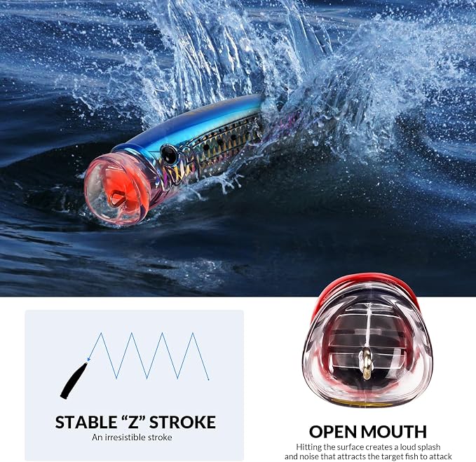 THKFISH Popper Lures Saltwater Tuna Popper Topwater Fishing Lures for Surf Fishing Bass with 3D Eyes for GT Tuna Large Fish 5.9in 1pc/3pcs