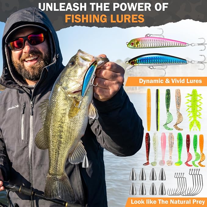 PLUSINNO Fishing Gear, Fishing Backpack with Fishing Rod, Tackle Box, Waterproof Tackle Backpack with Rod Holders,Lures, Tools, Pliers & Accessories, Fish Gifts for Men
