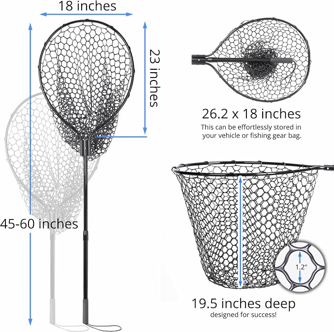 High Strength Large Landing Net - Rubber Fishing Net with Long Telescoping Handle & Soft Rubber Netting, Landing Nets for Fishing, Ideal for Boat, Pier, River Angling