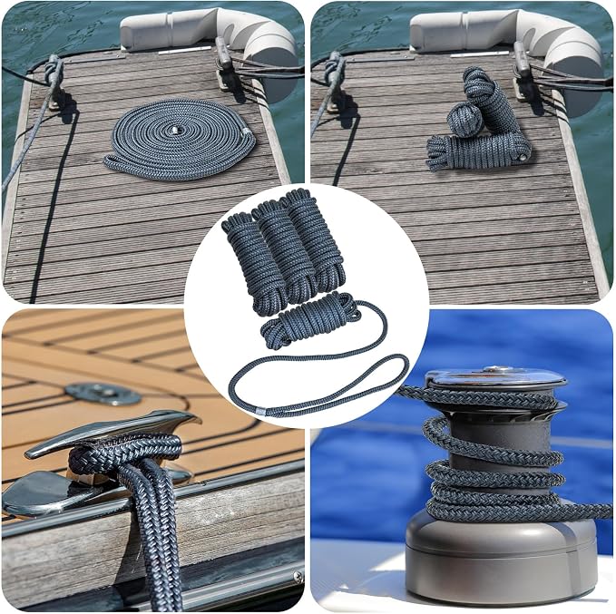 4 Pack 3/8" x 15’ Boat Dock Lines for Boat & Pontoon, Premium Marine- Grade Double Braided Nylon Dock Line, Pre-Spliced with a 12" Eyelet-Navy Blue,Boating Gifts for Men