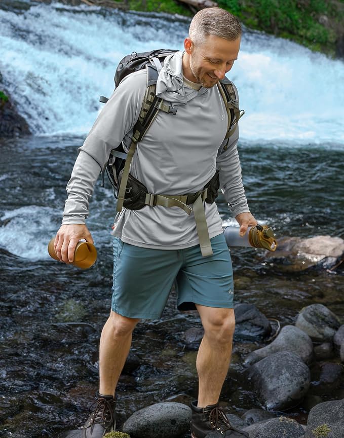 Pudolla Men's Sun Protection Hoodie Shirts UPF 50+ Rash Guard SPF Long Sleeve Fishing Shirt for Men Swim Hiking Boating