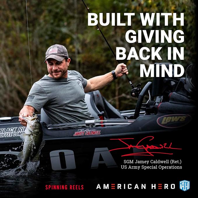 Lew's American Hero Camo Spinning Fishing Reel, Size 200 Reel, 5+1 Bearings, 6.2:1 Gear Ratio, One-Piece Graphite Frame, Oiled Felt Multi-Disc Drag, Interchangeable Retrieve, Clamshell, Camo/Black