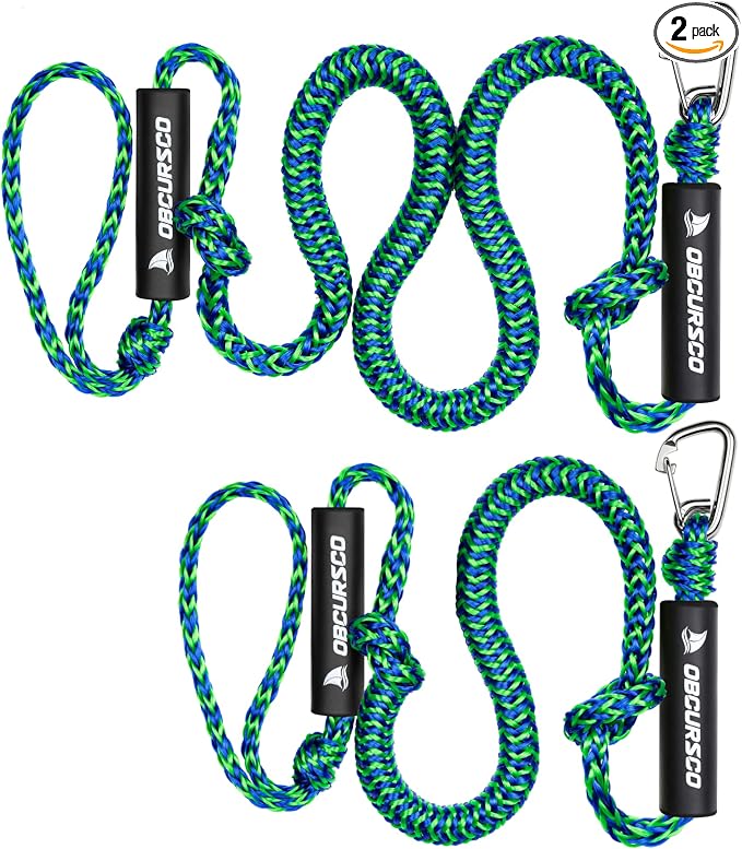 Obcursco Bungee Dock Lines for Boat, Docking Rope with 316 Stainless Steel Clips, Accessories for Jet Ski, PWC, SeaDoo, Pontoon, Center Console, Sets of Two(4ft & 6ft) (Green/Blue)