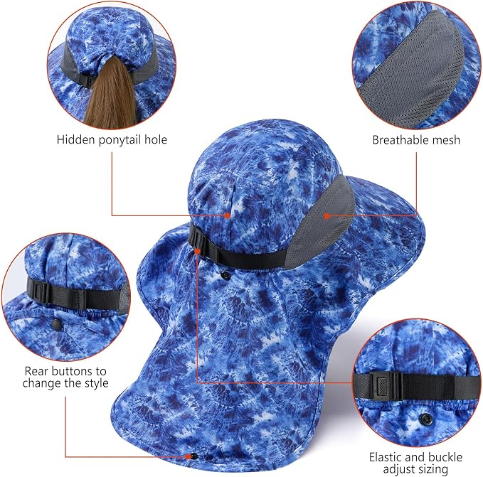 BASSDASH UPF 50+ Unisex Water Resistant Wide Brim Sun Hat with Large Neck Flap Ponytail Fishing Hat for Men Women