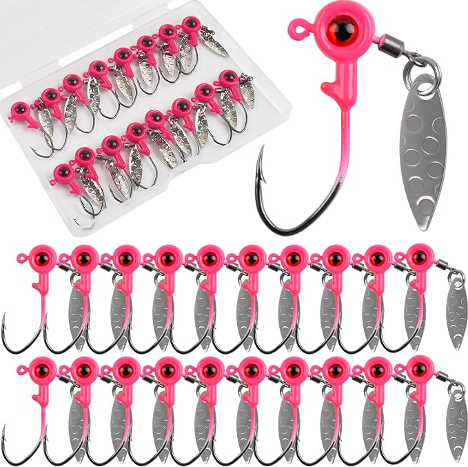 Crappie Jig Heads Fishing Lures Kit, 15pcs Underspin Jig Heads with Spinner Blade Crappie Lures Eye Ball Head Painted Fishing Jigs for Bass, Trout, Panfish, Sunfish