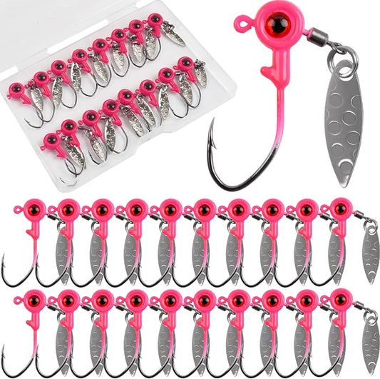 Crappie Jig Heads Fishing Lures Kit, 15pcs Underspin Jig Heads with Spinner Blade Crappie Lures Eye Ball Head Painted Fishing Jigs for Bass, Trout, Panfish, Sunfish