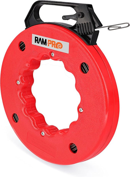Fish Tape Wire Puller 50ft - Easy to use Cable Puller Tool with Double Loop Tip - Flexible Wire Fishing Tools for Walls and Electrical Conduit - 1/8 Steel Fish Tape Durable Housing - RamPro