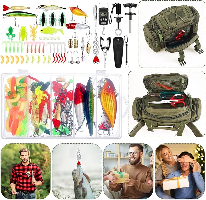Sosation 482 Pcs Gifts for Men Fishing Gear Equipment Sling Tackle Bag for Father Day Lightweight Fishing Backpack Tackle Box Included Fish Hook Remover Tool Lures Lip Gripper(Military Green)