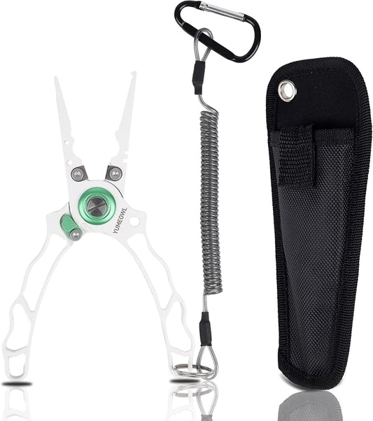 Fishing Pliers with Innovative Ergonomical Handle, Corrosion Saltwater Resistant,Fishing Multitool Hook Remover Braided Fishing Line Cutting, Split Ring with Coiled Lanyard and Sheath