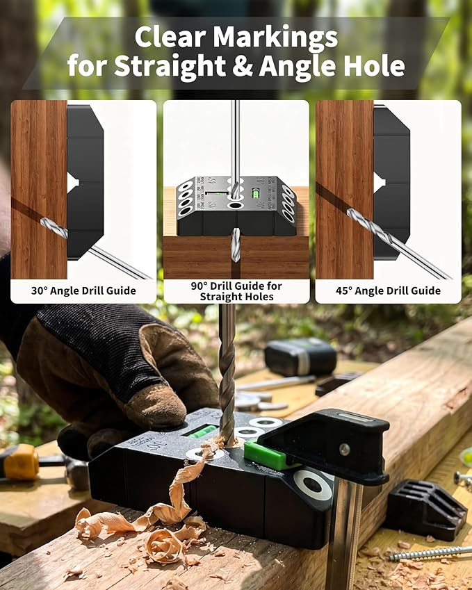 VASTHOME Cable Railing Drill Guide Jig - 30/45/90 Degree Multi-Angle Portable Drilling Template for 4 Standard Sizes: 3/16", 1/4", 5/16", 3/8",Straight Hole Drilling w/Bubble Level for Stair & Deck