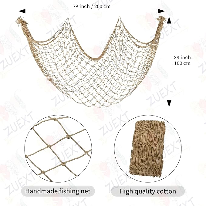 ZUEXT Caramel Decorative Fishing Net 80x40 Inch, 2 Pack Large Picture Fish Net, Wall Photo Hanging Fishnet for Nautical Mermaid Pirate Ocean Themed Hawaii Beach Under the Sea Party Decorations