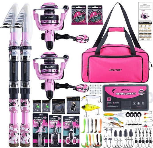 Goture Pink Fishing Rod and Reel Combo - ML Action Spinning Reel Pole with Pink Bag - Telescopic Rod Kit for Starter Travel Saltwater Freshwater, Gift for Woman