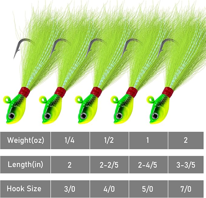 Alwonder 5-Pack Bucktail Jigs Hair Jigs Saltwater Freshwater Fishing Bucktail Lures Surf Fishing Jig Heads White Luminous Chartreuse Swimbait Jig for Bass Flounder Striper Bluefish Halibut Redfish