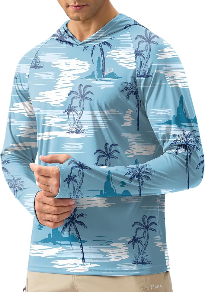 Pudolla Men's Sun Protection Hoodie Shirts UPF 50+ Rash Guard SPF Long Sleeve Fishing Shirt for Men Swim Hiking Boating