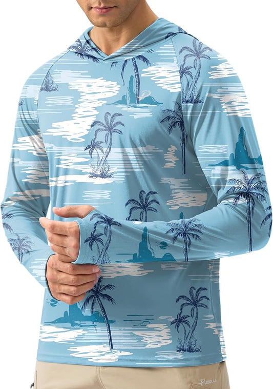 Pudolla Men's Sun Protection Hoodie Shirts UPF 50+ Rash Guard SPF Long Sleeve Fishing Shirt for Men Swim Hiking Boating