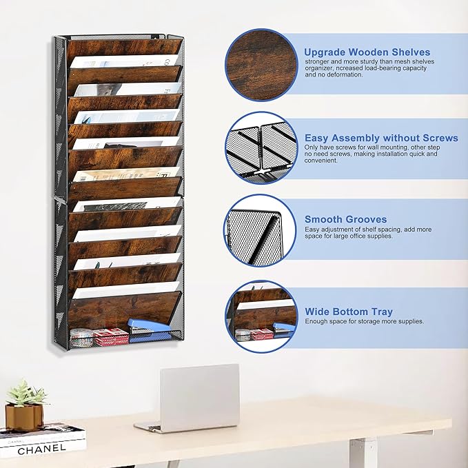 TQVAI 10-Tier Hanging Wall File Organizer - Folding Wall Mounted Mail Document Holder, Metal Clipboard Storage Rack for Office, Homeschool, Classroom Organization, Black/Vintage