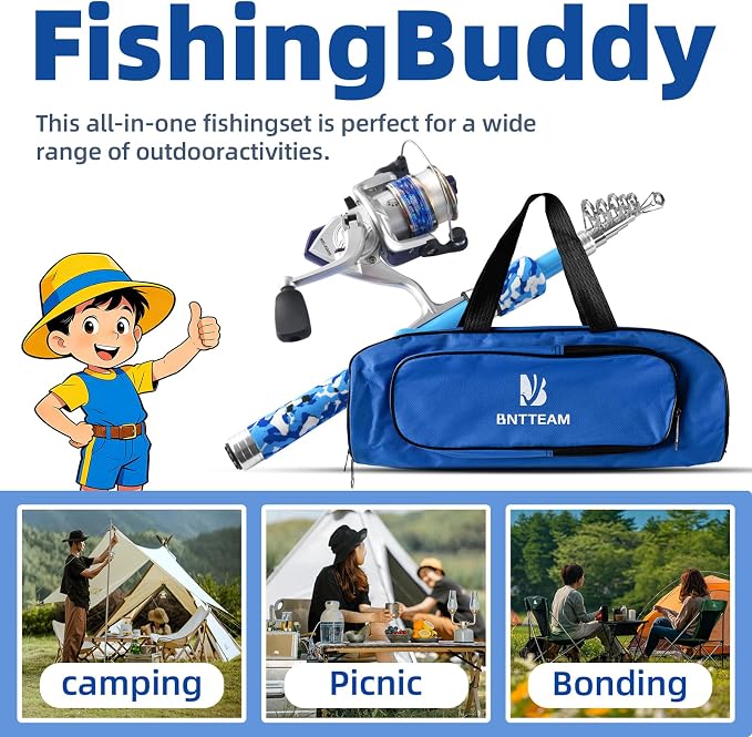 Portable Fishing Spinning Rod and Reel Combo Set with Telescopic Fishing Pole Fishing Carrier Bag Lures Line for Travel Saltwater Freshwater