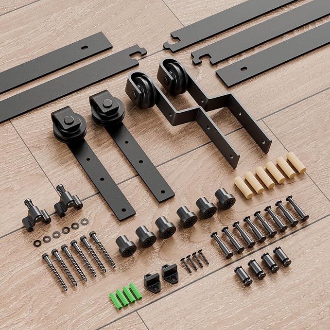 4-14FT Bypass Sliding Barn Door Hardware Kit Single Track System Carbon Steel Basic Roller Hanger Easy to Install Fit Double 66" Wide Doors Panels (11ft Single Track Bypass)
