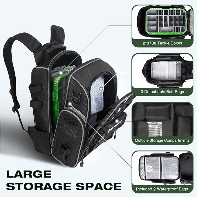 Ghosthorn Fishing Backpack 2 * 3700 Tackle Boxes 40L Waterproof Tackle Backpack with Rod Holders Large Outdoor Storage Tackle Bag for Fishing Men Women