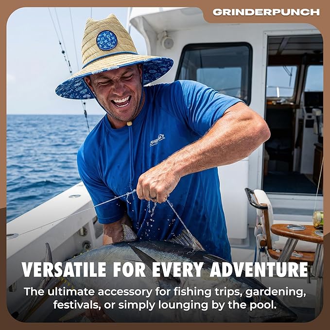 grinderPUNCH Lifeguard Hat Mens Straw Sun Hat for Outdoor American Flag USA Patriotic Straw Beach Fishing Straw Hat for Men