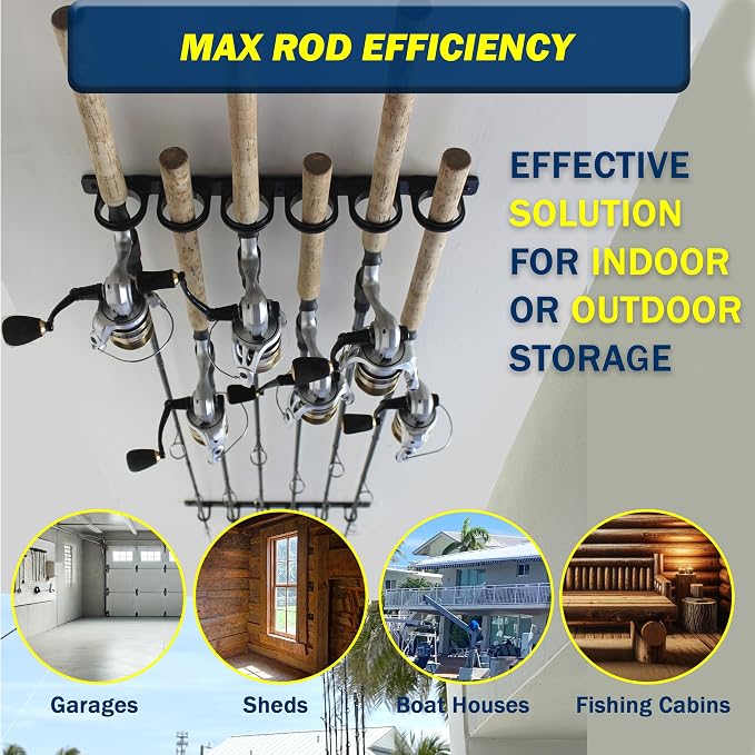 Rush Creek Creations Set of 4 Adaptable 6, 12, 18, or 24-Rod Horizontal Wall-Mount Fishing Pole Holders, Ceiling or Wall Fishing Rod Racks for Garage, Fits Most 0.12" to 0.75" Diameter Rods