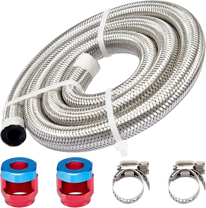 CarBole Stainless Steel Braided Fuel Line, 5/16" I.D. Diesel Hose Swap EFI PTFE with Fittings for Automotive Fuels Lubricants Coolants (3 FT)
