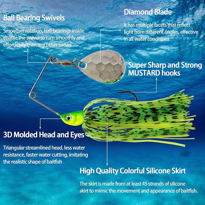 Eupheng Bass Spinnerbaits, 1/4 3/8 1/2 1/8 3/16 oz, Double Willow & Colorado Blades with Silicone Skirt Bass Spinner baits