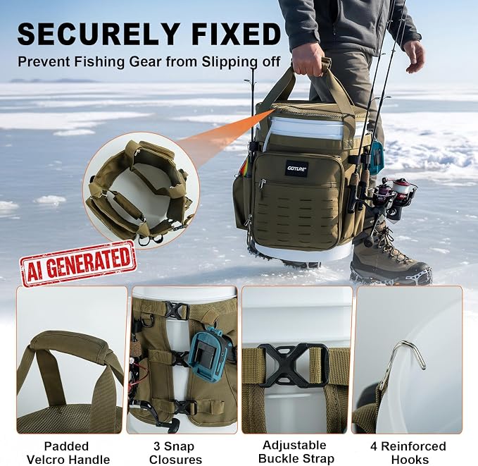 Goture Fishing Bucket Organizer for 5 Gallon Bucket, Heavy-Duty Waterproof Tackle Bag with 15+ Pockets, Ice Auger Holster & Secure Lock Straps for Ice Fishing Gear (Khaki, No Bucket)