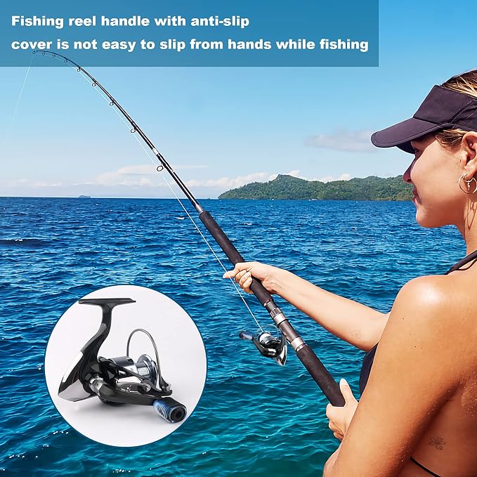 Fishing Reel Replacement Handle with Knob Covers, Spinning Casting Baitcaster Reel Grip Parts Universal Rocker Arm Non-Slip Rubber Sleeve