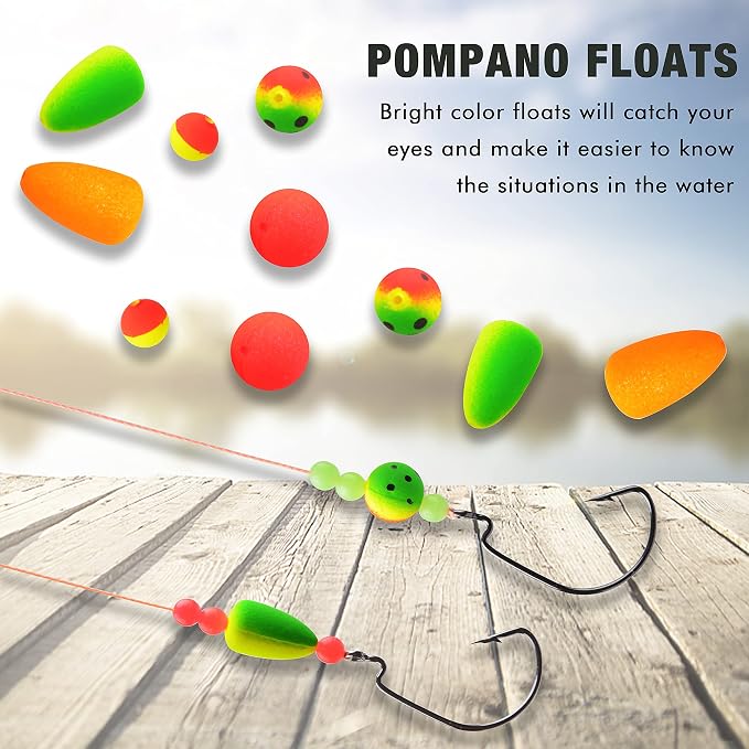 SILANON Pompano Rigs Floats Beads Kit,Foam Snell Fishing Floats Bobbers for Surf Fishing Live Bait Walleye Rig Making Accessories Bullet Cylinder Float for Trout Catfish