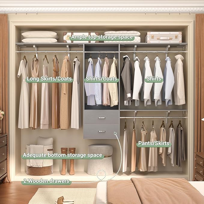 Wood Closet System, 4-8ft Closet Organizer System with 2 Wooden Drawers, Walk-in Wardrobe Clothes Rack with 4 Hanging Rods for Bedroom,Living Room,Grey