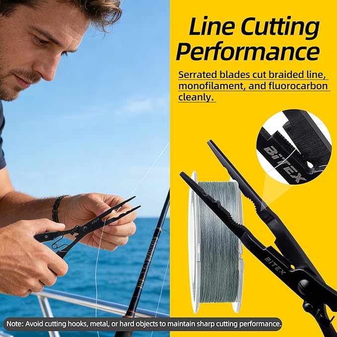BiteX Saltwater Long Nose Fishing Pliers with Braid Cutter & Hook Remover | Titanium-Coated Stainless Steel, Extended Reach, Better Control, Deep-Set Hook Remover, One-Hand Operation, Lanyard & Sheath