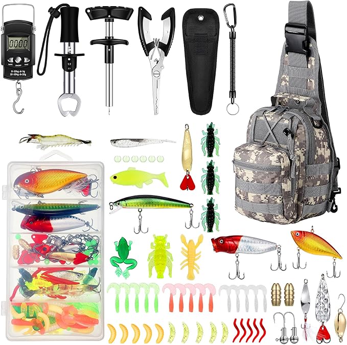 Sosation 134 Pcs Fishing Tool Fishing Tackle Box Kit and Equipment for Adults Beginner Gift, Hook Remover, Pliers Kit, Backpack Tackle Container Lures, Lip Gripper, Weigh Scale