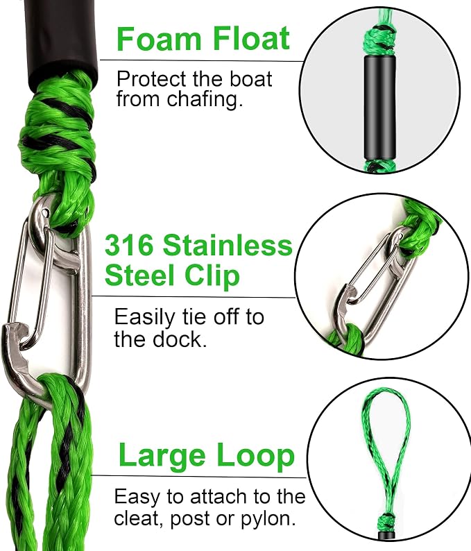 Boat Bungee Dock Lines, Mooring Rope with Stainless Steel Clip,Boat Ropes for Docking, Boat Accessories, Suit for PWC, Kayak, Seadoo, WaveRunner, Pontoon, Bass Boat, 4ft (Green&Black)