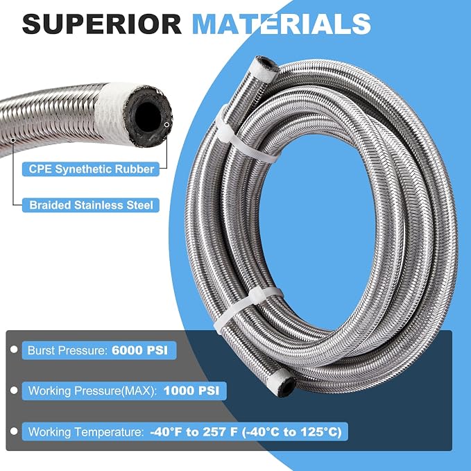 CarBole 10FT Stainless Steel Braided Fuel Line, 5/16" I.D. Diesel Hose Swap EFI PTFE with Fittings for Automotive Fuels Lubricants Coolants