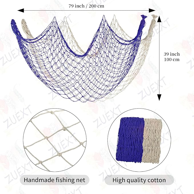 ZUEXT Decorative Fishing Net Dark Blue & Beige 80x40 Inch, 2 Pack Large Picture Fish Net, Wall Photo Hanging Fishnet for Nautical Mermaid Pirate Ocean Themed Hawaii Beach Under The Sea Party Decor