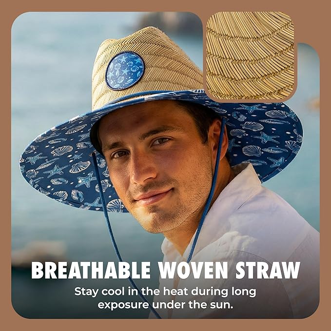 grinderPUNCH Lifeguard Hat Mens Straw Sun Hat for Outdoor American Flag USA Patriotic Straw Beach Fishing Straw Hat for Men
