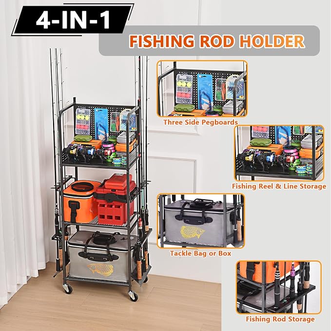 Heavy Duty Fishing Rod Rack, Fishing Organizer for Garage, Fishing Gear Holder for Garage with Movable Wheels