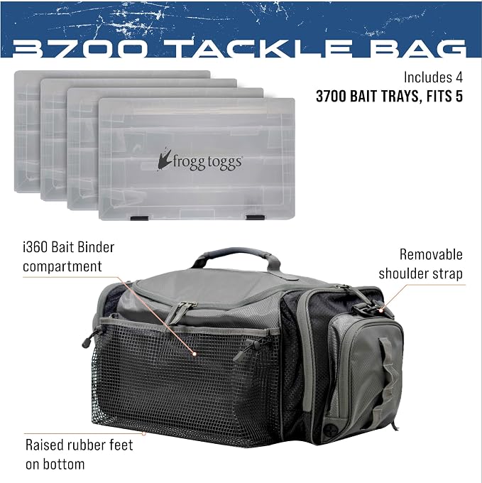 FROGG TOGGS Heavy Duty Fishing Tackle Duffle Bag, Includes Bait Trays, Black, 3700