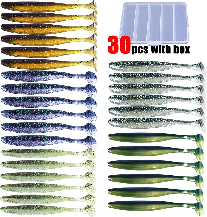 Fishing Soft Plastic Lures, Paddle Tail Swim Baits for Bass Fishing,Paddle Tail Swimbaits for for Bass Trout Walleye Lures, 30/50pcs Soft Plastic Baits with Box