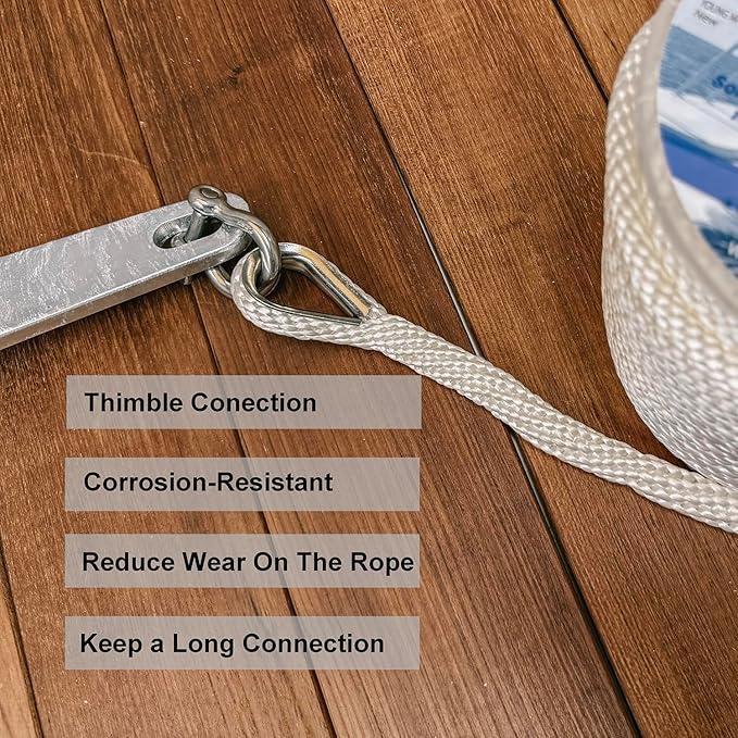 Young Marine Premium Solid Braid MFP Anchor Line Braided Anchor Rope/Line 3/8 Inch 100FT with Stainless Steel Thimble & Shackle (3/8" x 100', White)