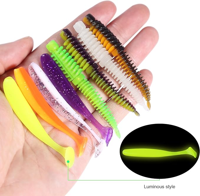 130/260Pcs Fishing Soft Lures Multi-Color Worms Set with Storage Box Silicone Threaded Bait Equipment Tackle Plastic Bait Gear for Bass, Fish Kit,Hooks,connectors, Accessories Tools,Swimbait